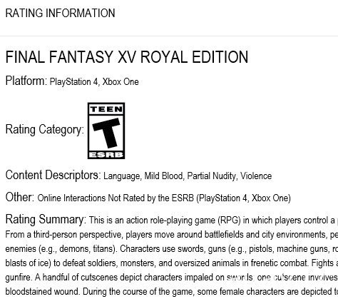 《Final Fantasy XV》完全版發售在即？新標題「ROYAL EDITION」已通過 ESBR 審查