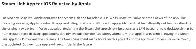 Apple 稱因「商業上的衝突」拒絕讓 Valve 旗下 Steam Link app 於 App Store 上架