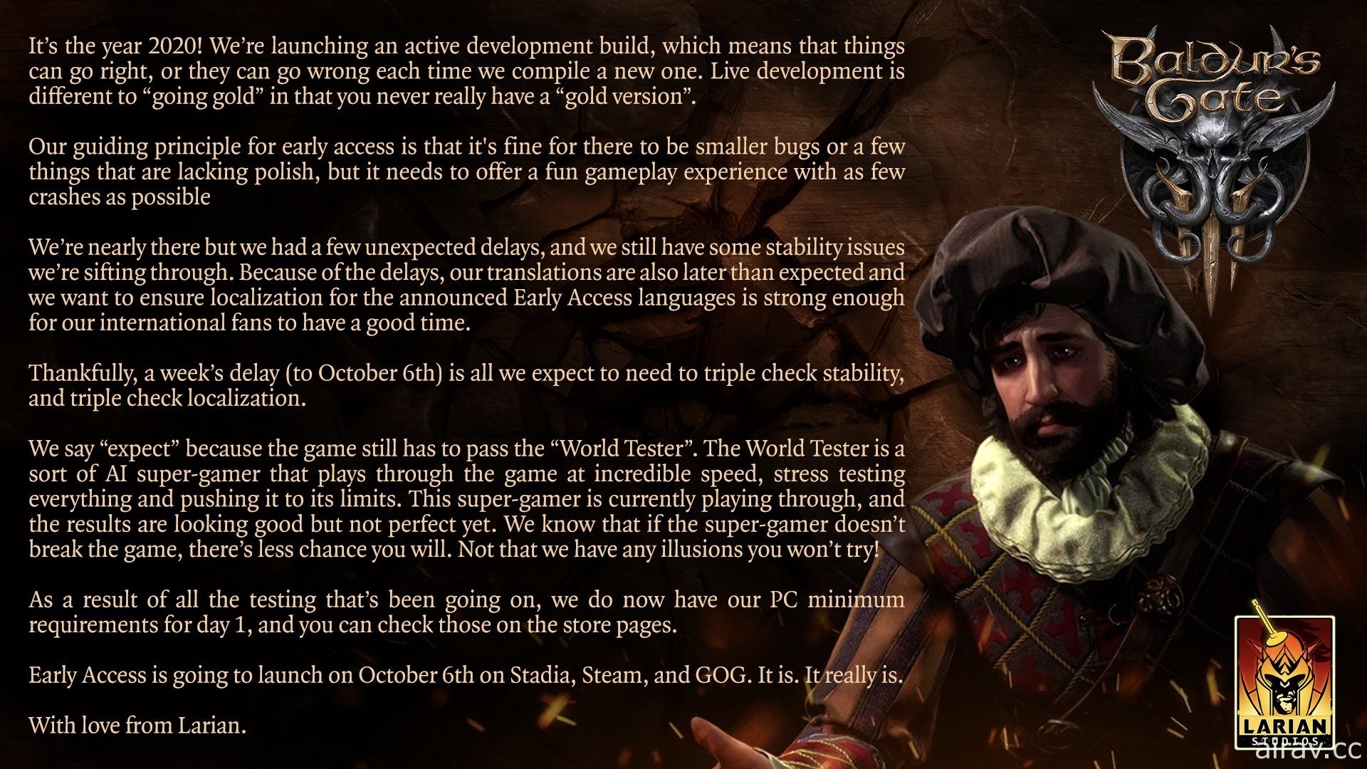 《柏德之門 3》搶先體驗再次延後、新時程為 10 月 6 日 將登上 Steam、GOG 與 Stadia