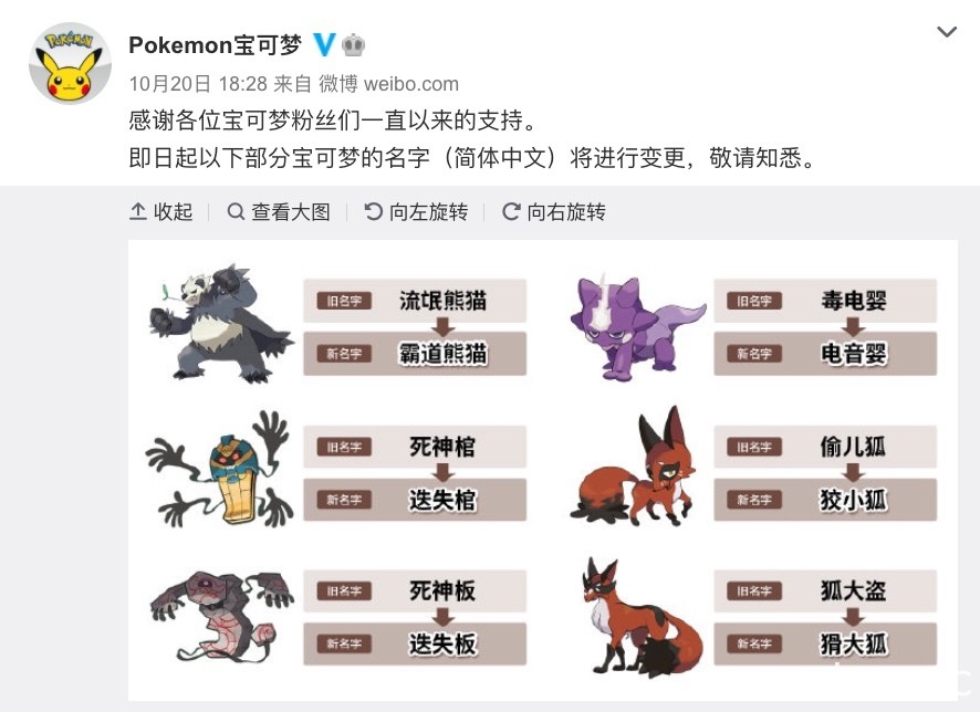 部分寶可夢簡體中文名稱遭變更 流氓熊貓更名「霸道熊貓」、偷兒狐變成「狡小狐」