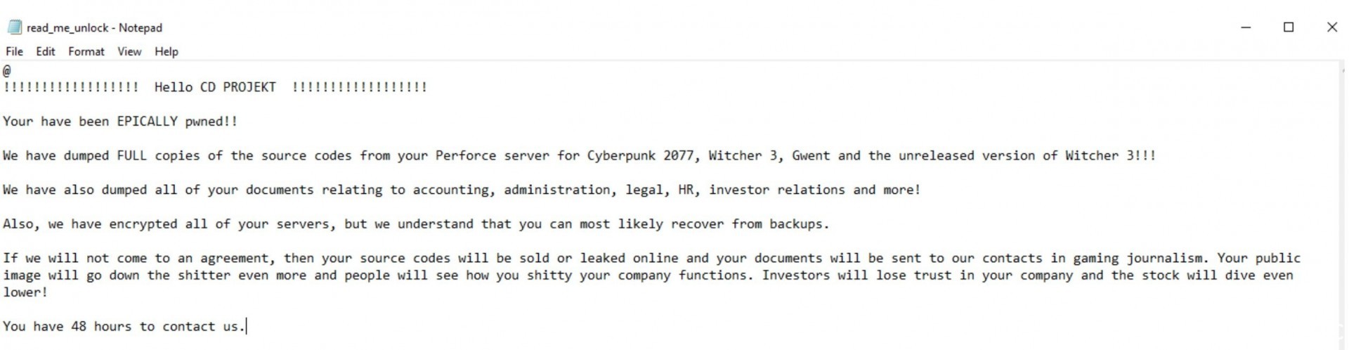 CD Projekt RED 内部网络遭骇客入侵 游戏原始码与机密资料外泄