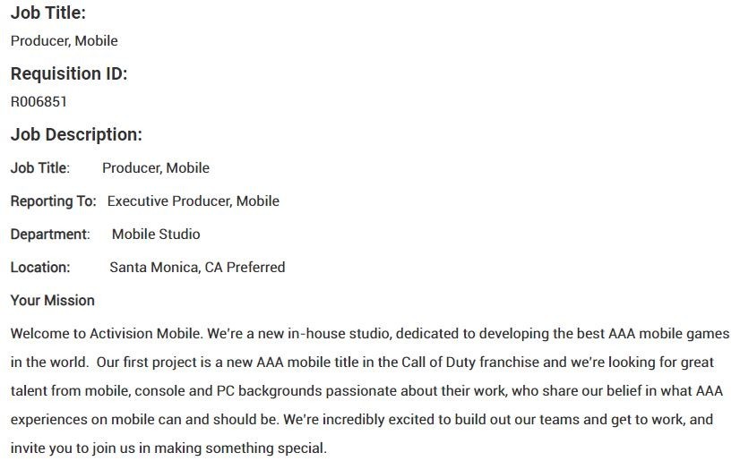 動視內部新工作室「Activision Mobile」徵才資訊透露正在開發 《決勝時刻》3A 手機新作