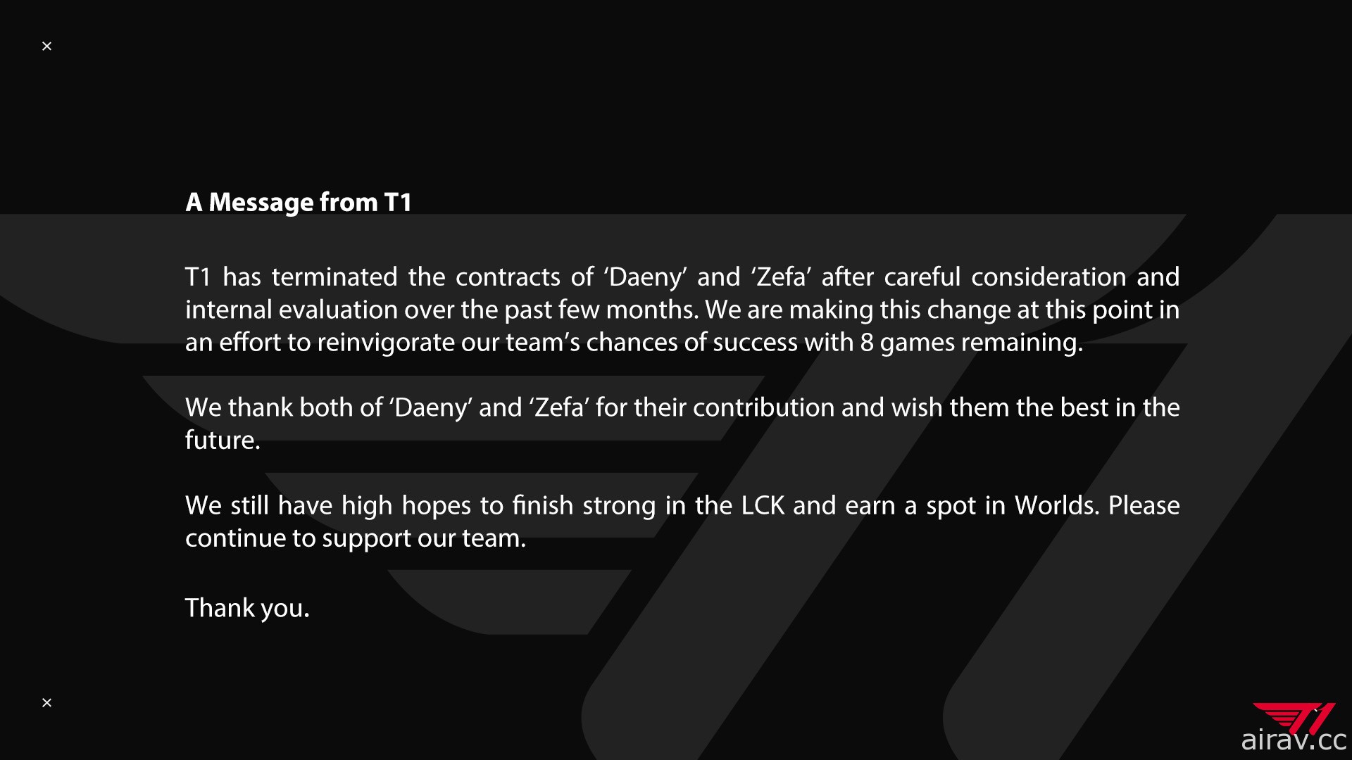 《英雄聯盟》T1 戰隊突然宣布與兩大教練 DAENY 與 ZEFA 終止合約
