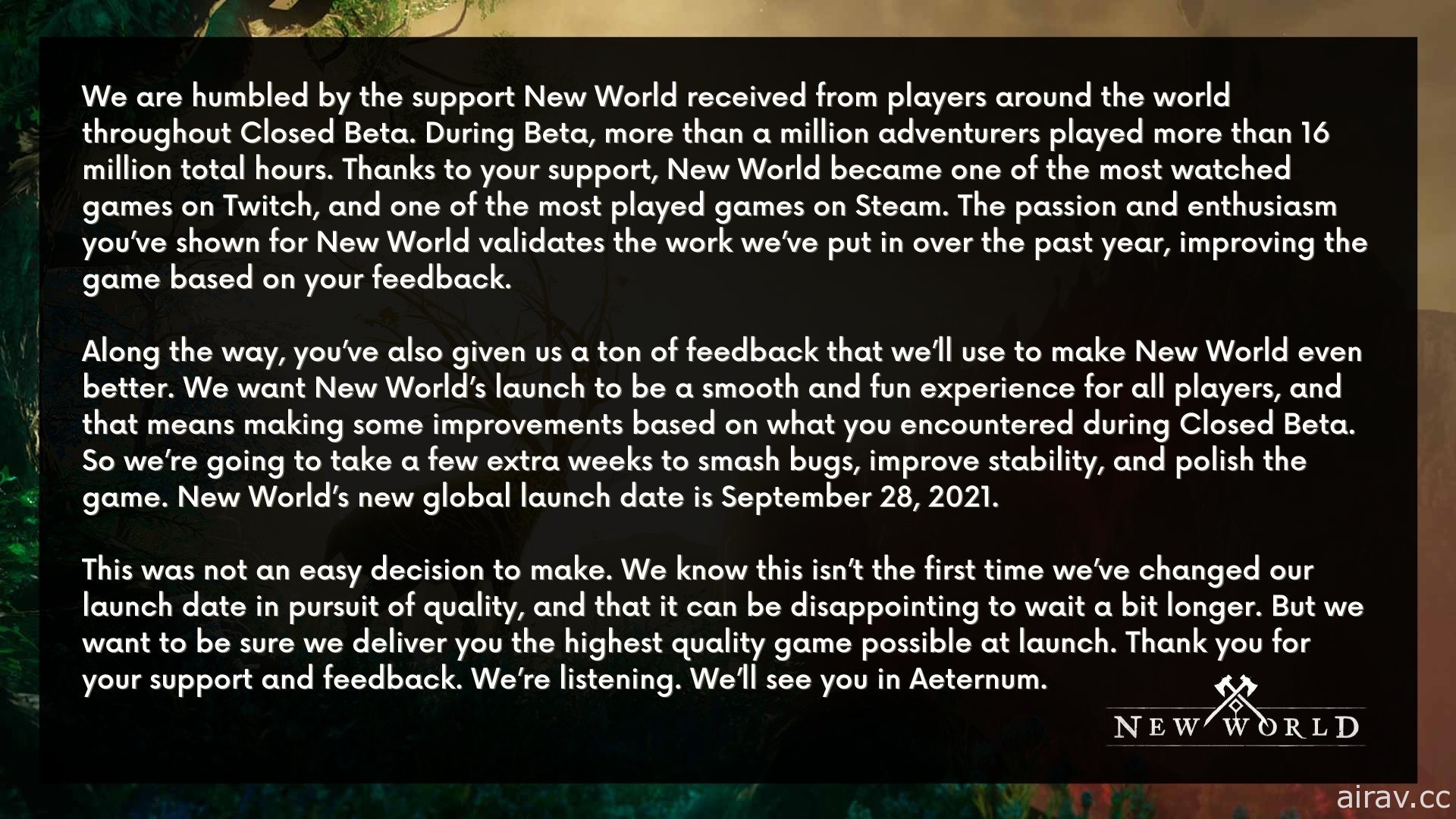 《美洲新世界 New World》上市日期再更改 宣布延至 9 月底問世