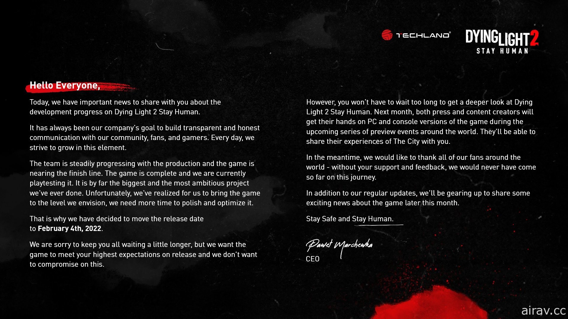 開放世界殭屍生存遊戲新作《垂死之光 2》宣布延期至 2022 年 2 月發售