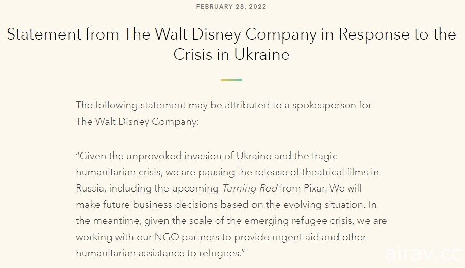 因應烏克蘭危機 迪士尼宣布暫停在俄羅斯上映電影作品